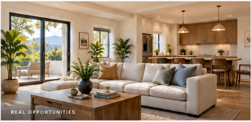 Bright living room and kitchen with garden views