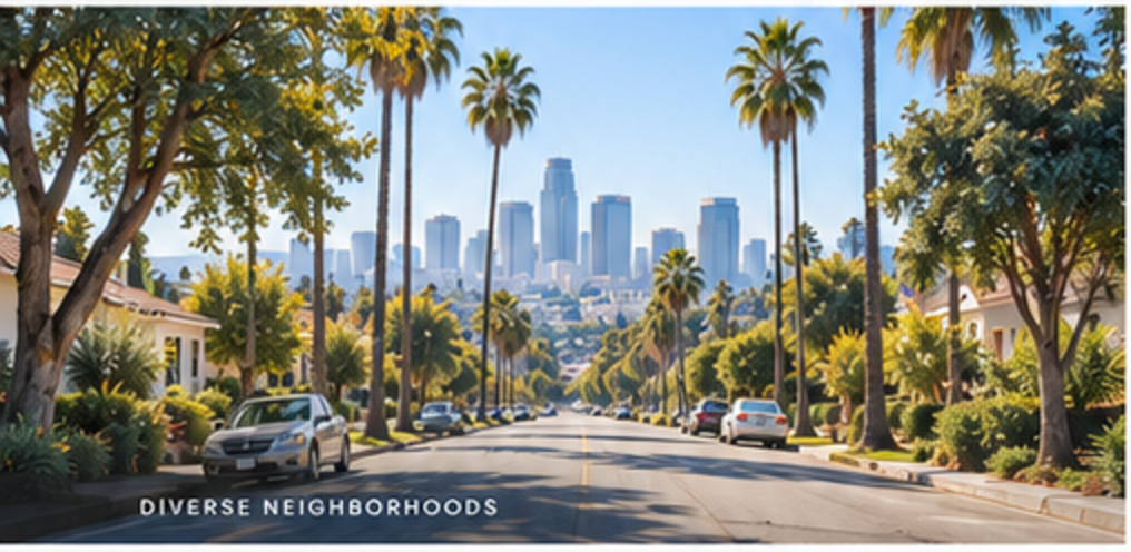 Palm-lined residential street with the downtown Los Angeles skyline