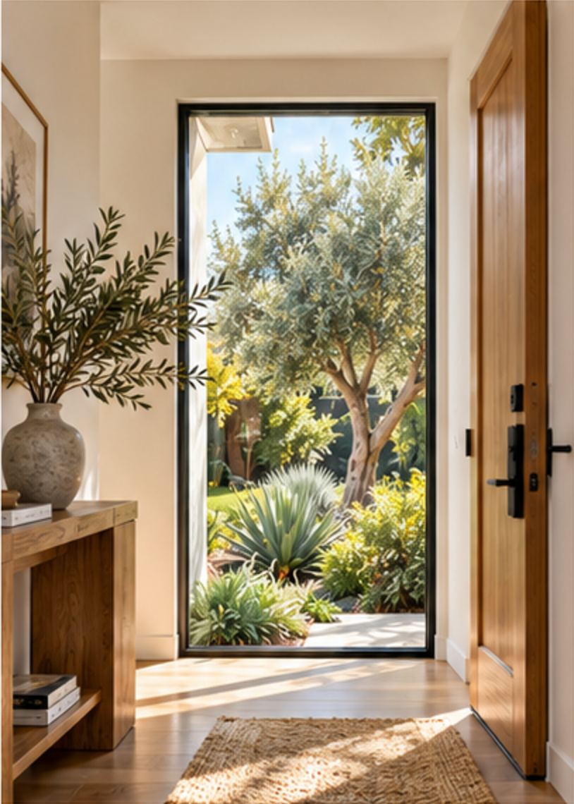 Open front door looking out to a sunlit garden with olive trees