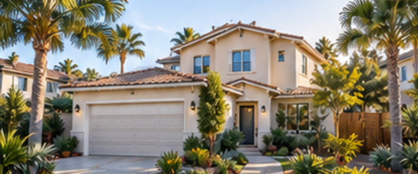 Two-story Mediterranean home with palm trees