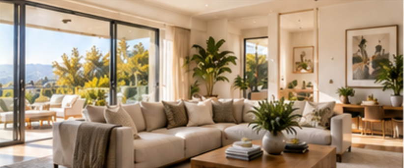 Living room opening onto a terrace with city views