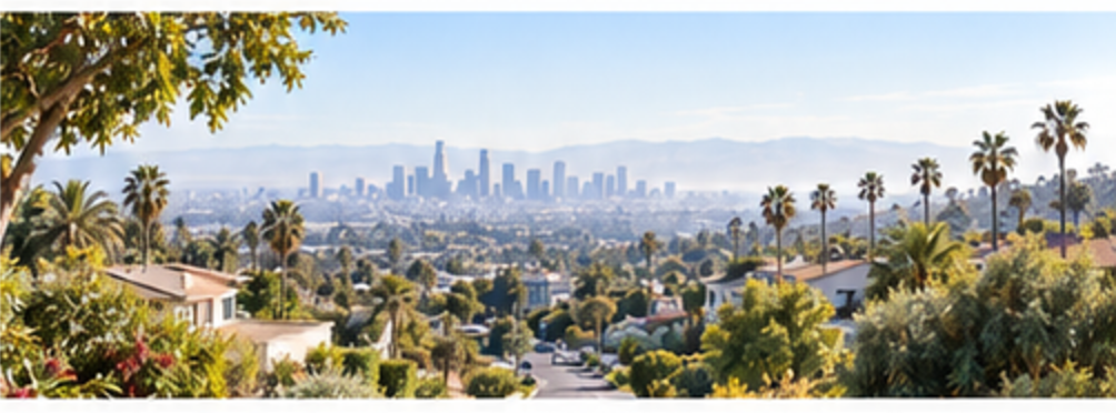 Los Angeles skyline seen over a hillside neighborhood