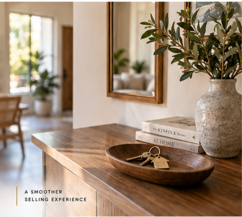 Sunlit entryway with a wooden console, keys in a bowl and an olive branch in a vase
